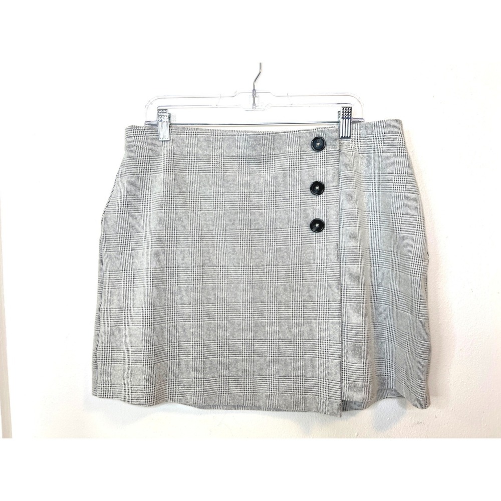 Vylette Gray Glen Plaid Faux Wrap Mini Skirt XXL Black Button Detail Stretch